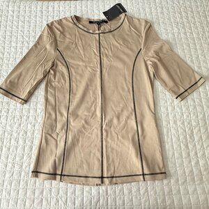 Insight Beige Viscose Blend Topstitched Short Sleeve Top Size 6